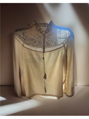 Free People Crochet Yoke Long Sleeve Blouse in Cream